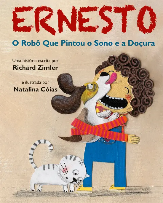 book cover showing an illustration of a boy holding a dog, a cat at his feet, and they are all happy